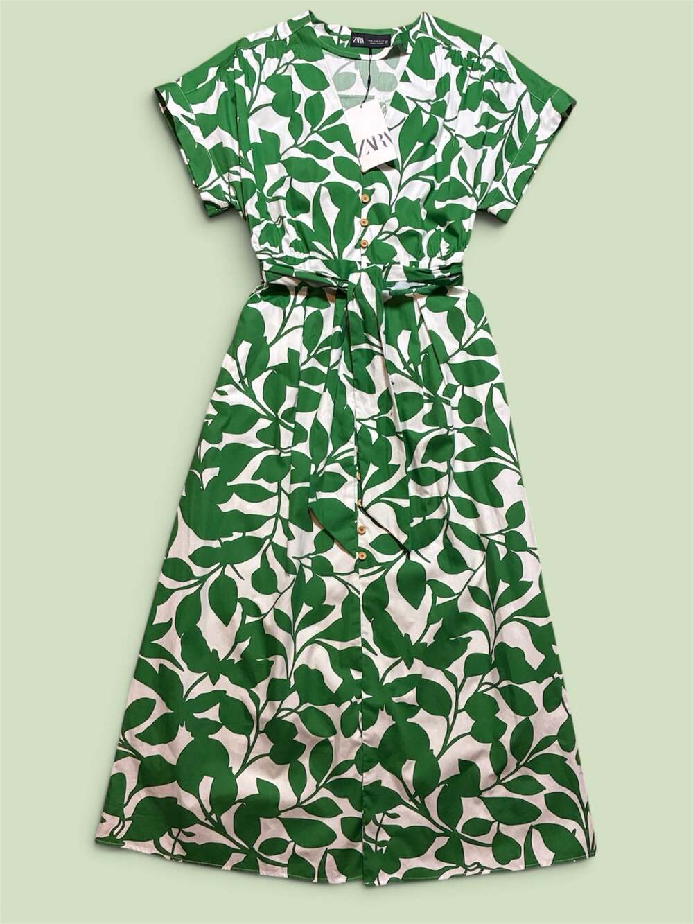 NWT Zara Belted Printed Midi Dress Green White Leaf Botanical Button Front